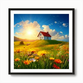 Firefly House, Sun, Cloud, Flower, Meadow, Nature, Landscape, Serene, Bright, Cheerful, Picturesque, (3) Art Print