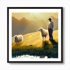 Shepherd And Two Sheep Art Print