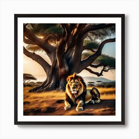 Lion Under A Tree Art Print