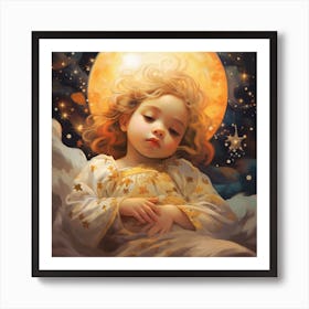 Little Girl Sleeping Under The Moon Art Print