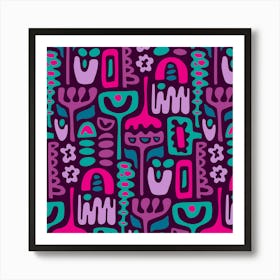 DREAMSCAPE Retro 70s Abstract Organic Floral Botanical Shapes in Lavender Purple Periwinkle Fuchsia Pink Teal Blue on Eggplant Art Print