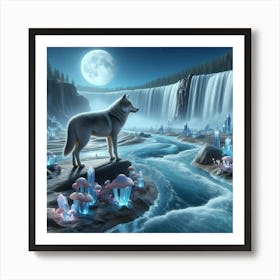 Wolf on the Mushroom Riverbank 2 Art Print