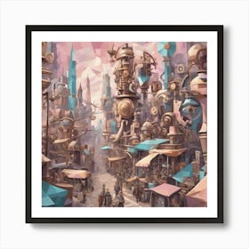 Bustling Steampunk Street Cubism Style Art Print