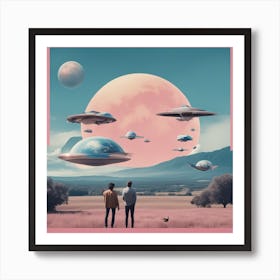 Make A Surreal Vintage Collage Of A Field With Planet Earth At The Center, A Couple Watching, Flying (11) Art Print