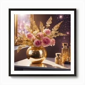 Gold Vase With Roses Art Print