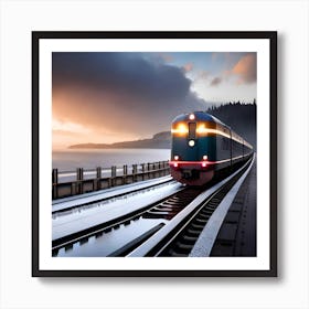 Train On Tracks At Sunset Art Print