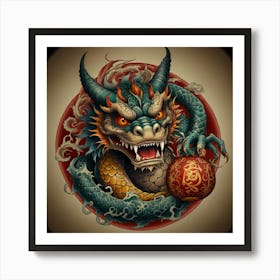 Neo oriental tattoo style dragon with a daruma and a kappa cs Art Print