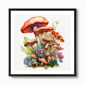 Mushrooms And Ferns Art Print