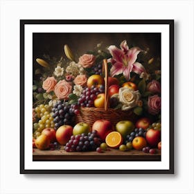 Classic Still Life: A Realistic Art Print of Fruits and Flowers in a Basket Art Print
