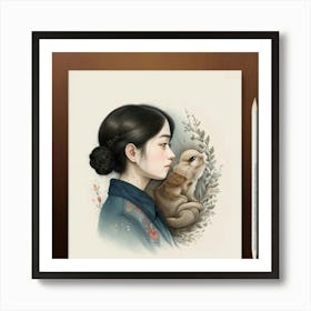 Asian Girl With A Rabbit Art Print