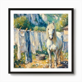 Horse By The Washing Line Art Print