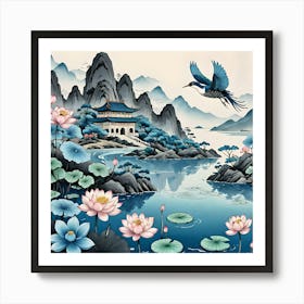 Chinese Landscape With Lotus Flowers, White, Pink, Blue and Black Art Print