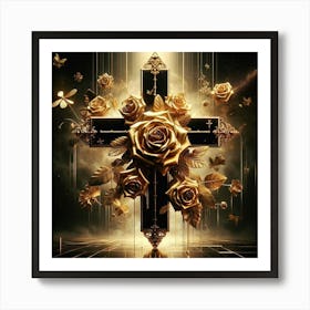 Gold Cross With Roses Art Print