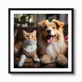 Cat And Dog Sitting On Couch Art Print