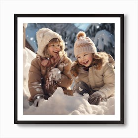 Two Girls Playing In The Snow Art Print