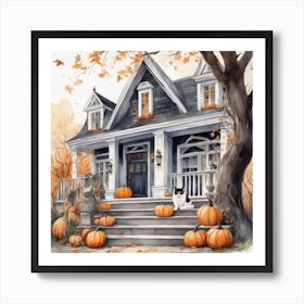 Halloween Cat On Steps In Front Of The Halloween House Watercolor Trending On Artstation Sharp Fo (1) Art Print