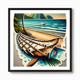 Beach Scene A Sailing Ship In The Foreground Wi Art Print