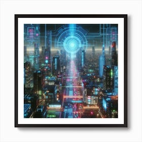 Neon Nights: A Cyberpunk Cityscape with Holograms and Lights Art Print