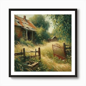 Abandoned House And Old Fence In The Countryside, Acrylic Painting Style Art Print