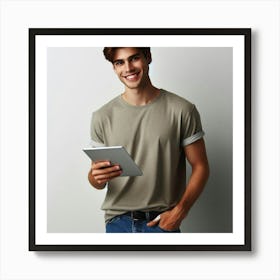 Young Man Using Tablet Computer Art Print