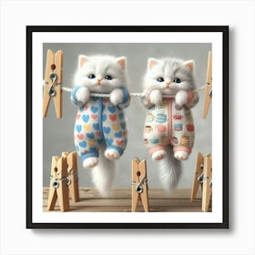 Two Kittens Hanging On Clothesline 1 Art Print