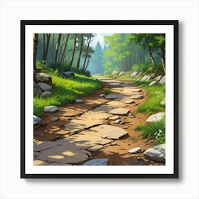 Path In The Woods.A dirt footpath in the forest. Spring season. Wild grasses on both ends of the path. Scattered rocks. Oil colors.9 Art Print