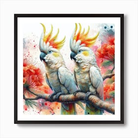 A Pair Of Citron Crested Cockatoos Mix Art Print