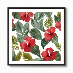 Botanical Wall Art Flowers Red Hibiscus Leaves #4 Art Print