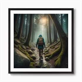 Man Walking Through A Forest Art Print