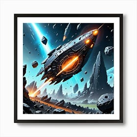 A futuristic spaceship flying through a field of asteroids, dodging massive rocks illuminated by the light of a nearby star. Art Print