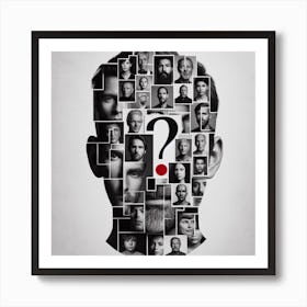 Identity Crisis: A Black and White Photo Collage with a Red Question Mark Art Print