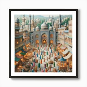 Miniature Painting Of A Bustling Pakistani Bazaar (3) Art Print