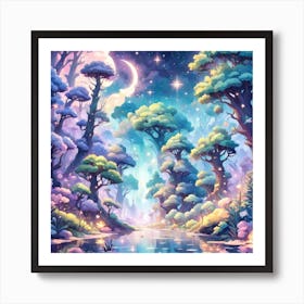 A Fantasy Forest With Twinkling Stars In Pastel Tone Square Composition 77 Art Print