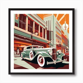 Art Deco-inspired vintage car on city street Art Print