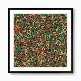 A Pattern Featuring Abstract Geometric Shapes With Lines Rustic Green And Red Colors, Flat Art, 125 Art Print