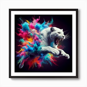 White Panther Flying Through Colorful Powder Art Print