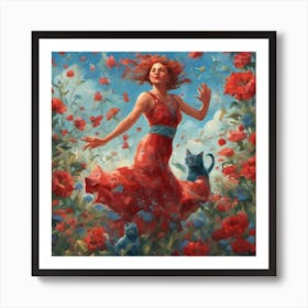 The cat and the dancing blue woman Art Print