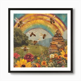 Kitsch Bee Rainbow Floral Collage Art Print