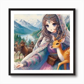 Gorgeous mountain girl with deer and escape Art Print