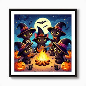 Cute Black Cats Playing Music On Halloween Night Art Print