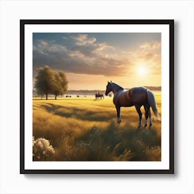 Horse In The Field At Sunset Art Print