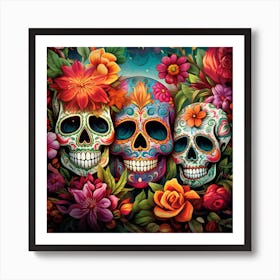 Maraclemente Many Sugar Skulls Colorful Flowers Vibrant Colors 4 Art Print