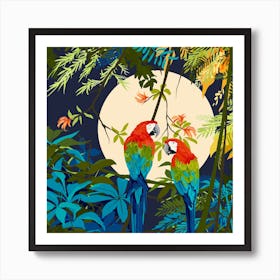 Parrots In The Moonlight Square Art Print