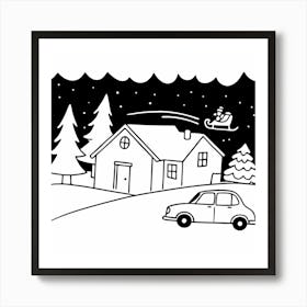 Santa Claus Flying Over House Art Print