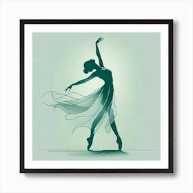 Title: "Silhouette Serenade: Ballet in Aquamarine"  Description: "Silhouette Serenade: Ballet in Aquamarine" is a mesmerizing digital art print that captures the essence of ballet in a serene aquamarine palette. The minimalist design highlights the elegant posture of a dancer, her silhouette adorned with flowing lines that suggest a gentle breeze. Ideal for lovers of ballet art, minimalism, and tranquil decor, this piece serves as a focal point for peaceful reflection. It's a must-have for those seeking to infuse their space with the grace of dance and the calming influence of cool, soothing colors. Enhance your art collection with this tranquil depiction of ballet's timeless beauty. Art Print
