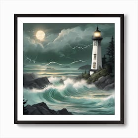 Lighthouse At Night Landscape 4 Art Print