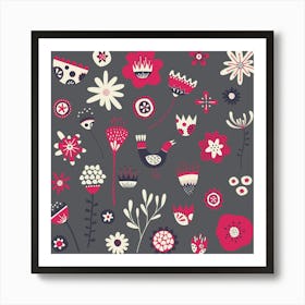 Scandinavian Folk Flowers And Birds Dark Art Print