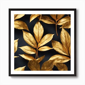 Gold Leaves On A Black Background 1 Art Print