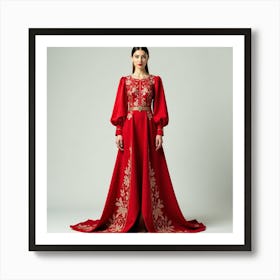 Red Embroidered Dress Affiche