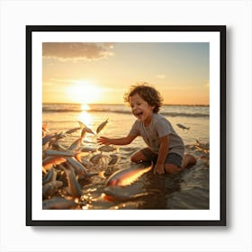 Child In Mid Laughter Reaches Out Towards A Shoal Of Silver Scaled Fish Near Shoreline Soft Sunset (1) Art Print